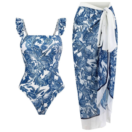 Robert Swimsuit with Sarong - styled flat-lay shot, blue - Miss Mosa By Akanksha