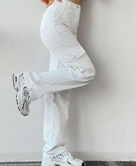 Roderno Cargo Statement Pants - side shot on model, white - Miss Mosa By Akanksha
