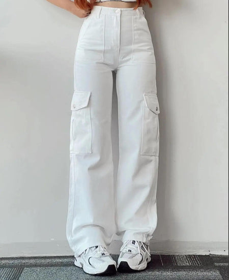 Roderno Cargo Statement Pants - full-length shot on model, white - Miss Mosa By Akanksha