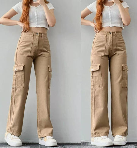 Roderno Cargo Statement Pants In Light Brown - two front shots on model - Miss Mosa By Akanksha