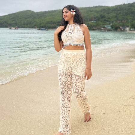 Roderno Resortwear Set - full-length shot on model, cream - Miss Mosa By Akanksha