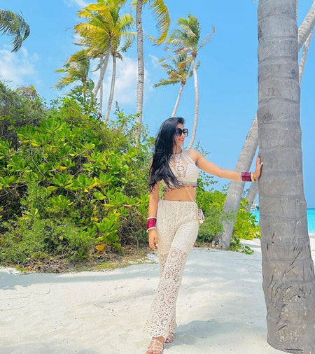 Roderno Resortwear Set - lifestyle shot on model, cream - Miss Mosa By Akanksha