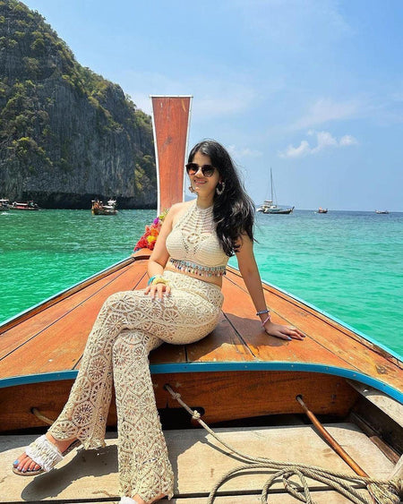 Roderno Resortwear Set - lifestyle shot on model, cream - Miss Mosa By Akanksha