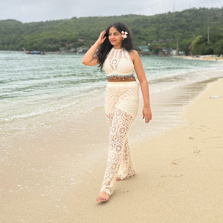 Roderno Resortwear Set - full-length shot on model, cream - Miss Mosa By Akanksha