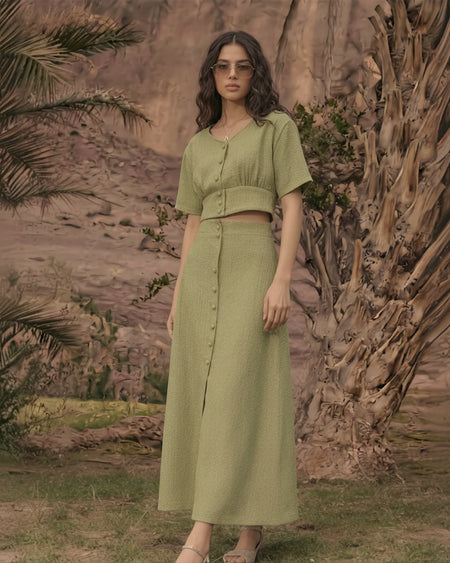 Roger Buttoned Coord Sets - full-length shot on model, green - Miss Mosa By Akanksha