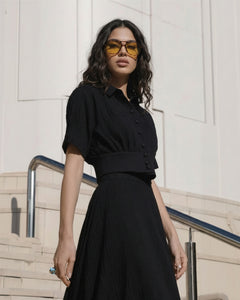 Roger Buttoned Coord Sets - front shot on model, black - Miss Mosa By Akanksha