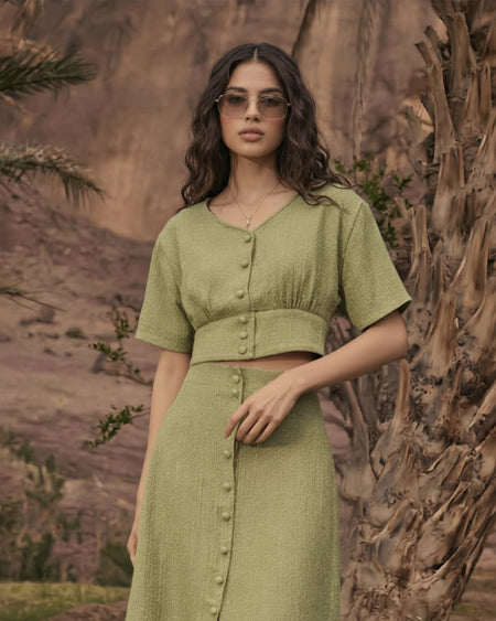Roger Buttoned Coord Sets - front shot on model, green - Miss Mosa By Akanksha