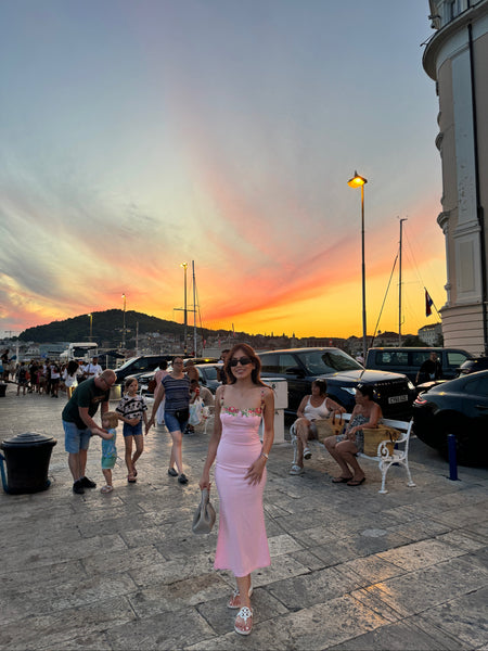 Roma Bodycon Midi Dress in Pink - lifestyle shot on model, pink - Miss Mosa By Akanksha