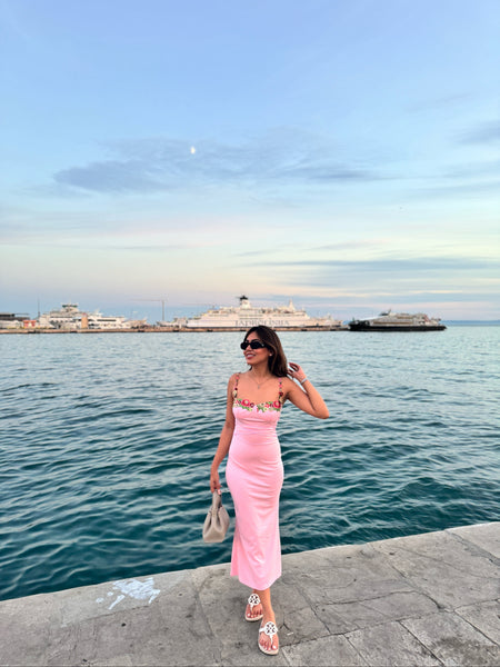 Roma Bodycon Midi Dress in Pink - lifestyle shot on model, pink - Miss Mosa By Akanksha