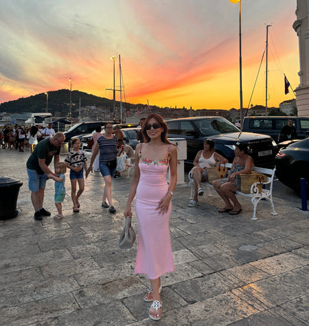 Roma Bodycon Midi Dress in Pink - lifestyle shot on model, pink - Miss Mosa By Akanksha