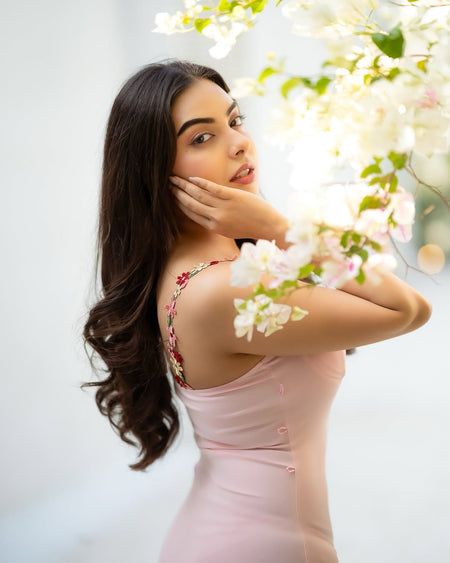 Roma Bodycon Midi Dress in Pink - back shot on model, pink - Miss Mosa By Akanksha