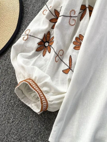 Roma Embroidered Summer Top In White - close-up of embroidery on sleeve - Miss Mosa By Akanksha
