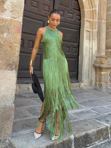 Roman Fringe Maxi Dress - front shot on model, green - Miss Mosa By Akanksha