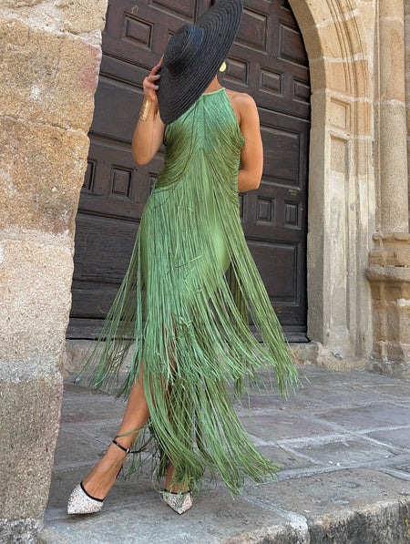 Roman Fringe Maxi Dress - back shot on model, green - Miss Mosa By Akanksha