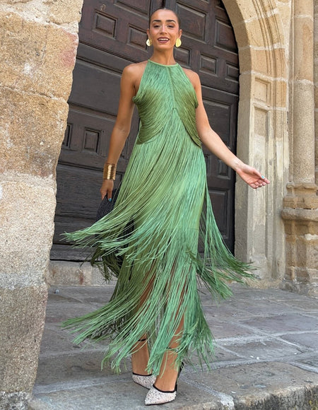Roman Fringe Maxi Dress - full-length shot on model, green - Miss Mosa By Akanksha