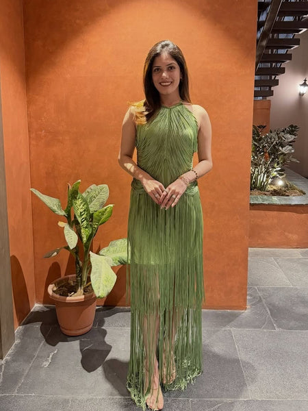 Roman Fringe Maxi Dress - full-length shot on model, green - Miss Mosa By Akanksha