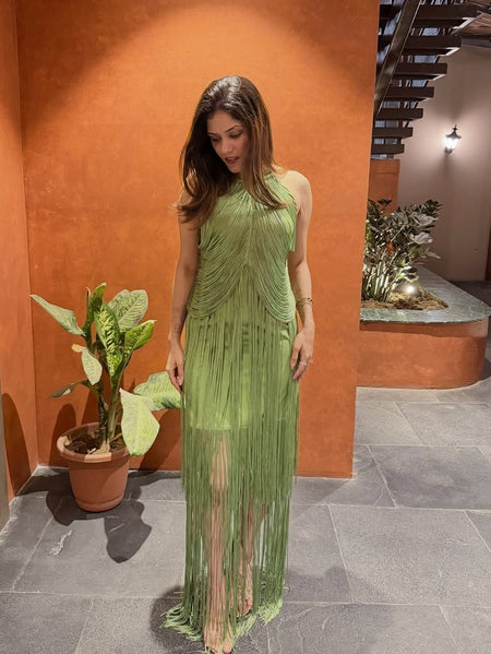 Roman Fringe Maxi Dress - full-length shot on model, green - Miss Mosa By Akanksha