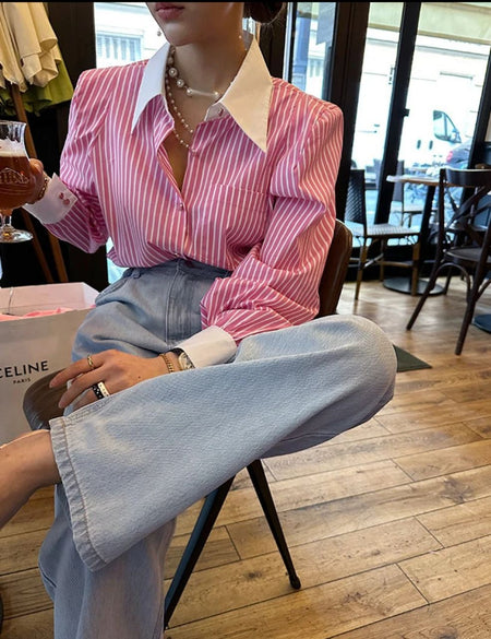 Romello Striped Formal Shirt - front shot on model seated, pink and white - Miss Mosa By Akanksha