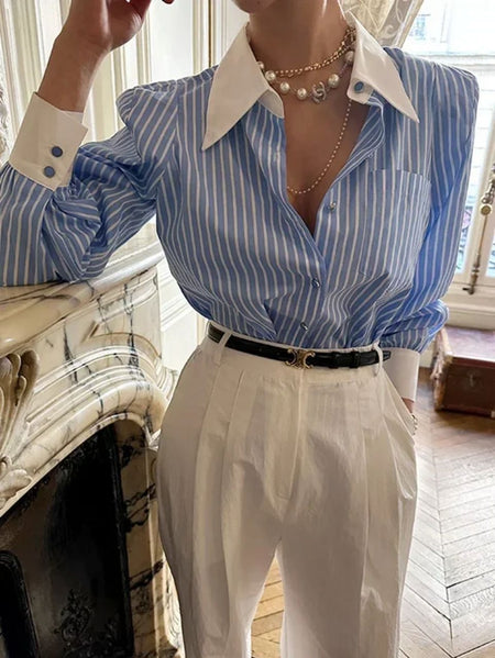 Romello Striped Formal Shirt - front shot on model, blue and white - Miss Mosa By Akanksha