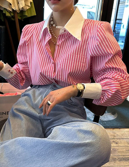 Romello Striped Formal Shirt - front shot on model, grey and white - Miss Mosa By Akanksha