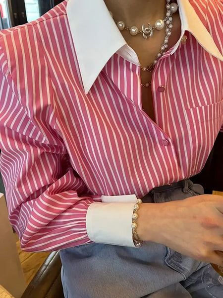 Romello Striped Formal Shirt - close-up front shot on model, pink and white - Miss Mosa By Akanksha