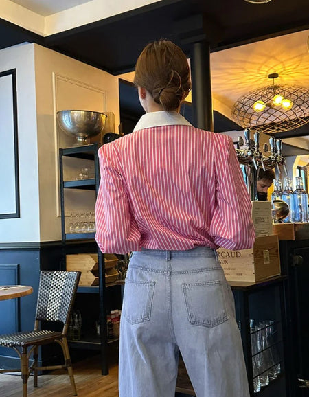 Romello Striped Formal Shirt - back shot on model, pink and white - Miss Mosa By Akanksha