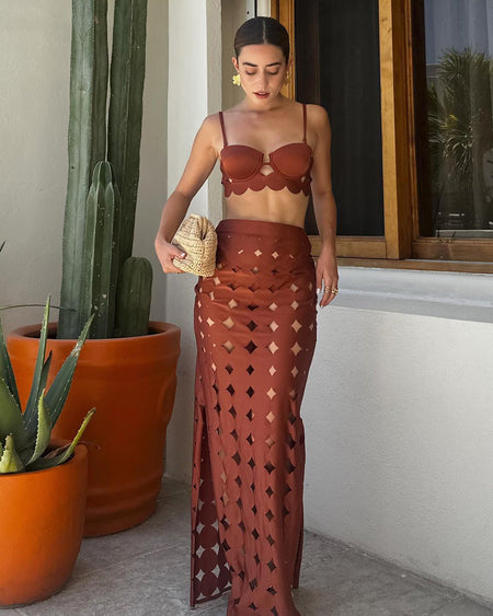 Romeo 2 pcs Swimsuit With Skirt - full-length shot, rust - Miss Mosa By Akanksha
