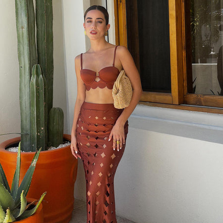 Romeo 2 pcs Swimsuit With Skirt - front shot, rust - Miss Mosa By Akanksha
