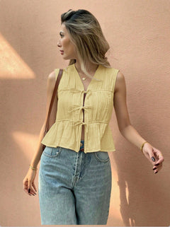 Romilly Knot Layered Top - front shot, pale yellow - Miss Mosa By Akanksha