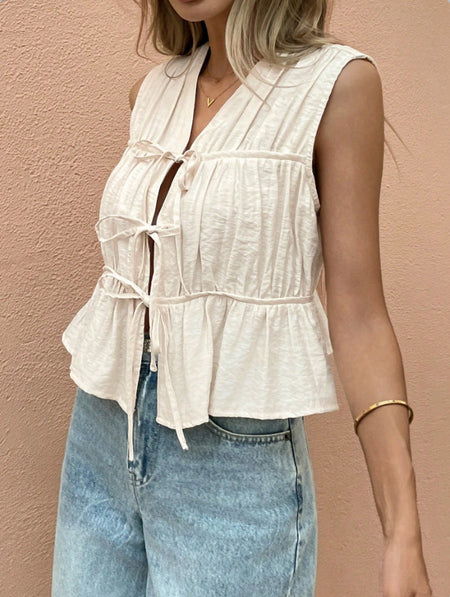Romilly Knot Layered Top - front close-up shot, cream - Miss Mosa By Akanksha