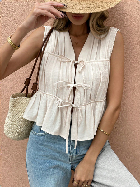 Romilly Knot Layered Top - styled front shot, cream - Miss Mosa By Akanksha