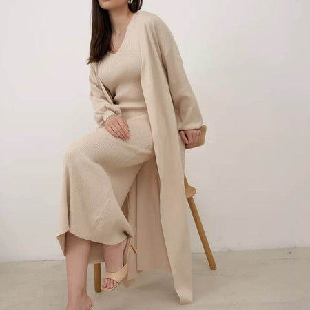 Romy Luxe Winter Dress With Cape - full-length shot on model, beige - Miss Mosa By Akanksha