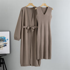 Romy Luxe Winter Dress With Cape - flat-lay product shot of cardigan and dress, taupe - Miss Mosa By Akanksha