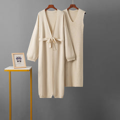 Romy Luxe Winter Dress With Cape - flat-lay product shot of cardigan and dress, cream - Miss Mosa By Akanksha