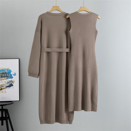 Romy Luxe Winter Dress With Cape - back flat-lay product shot of cardigan and dress, taupe - Miss Mosa By Akanksha