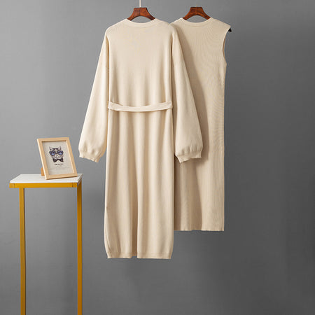 Romy Luxe Winter Dress With Cape - back flat-lay product shot of cardigan and dress, cream - Miss Mosa By Akanksha