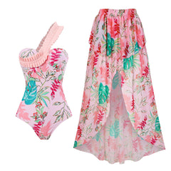 Romy Printed Swimsuit With Skirt - flat-lay shot, pink floral print - Miss Mosa By Akanksha