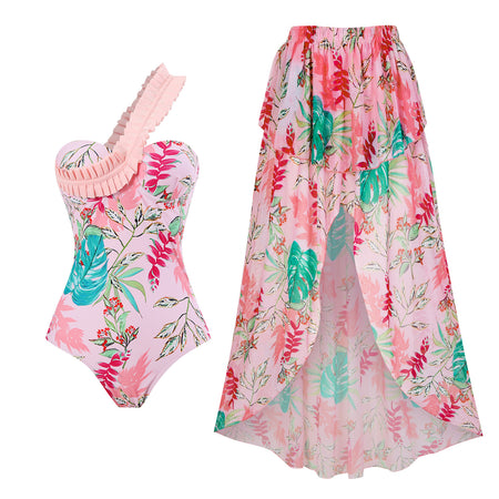 Romy Printed Swimsuit With Skirt - flat-lay shot, pink floral print - Miss Mosa By Akanksha