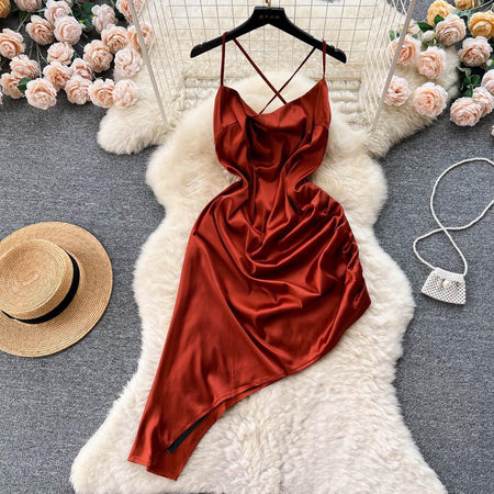 Rory Luxury Satin Dress - styled flat-lay shot, rust - Miss Mosa By Akanksha