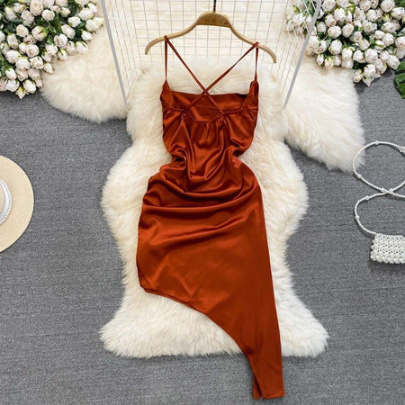 Rory Luxury Satin Dress - styled flat-lay shot, rust - Miss Mosa By Akanksha