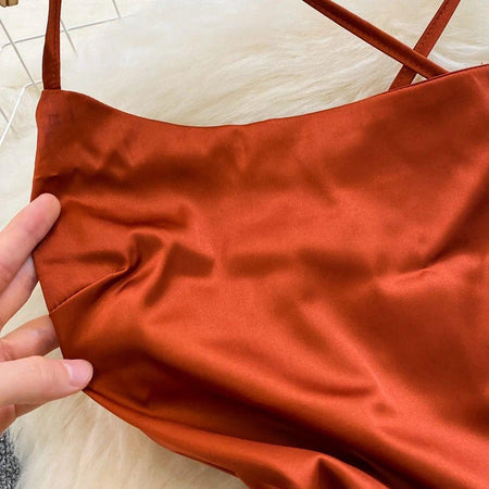 Rory Luxury Satin Dress - close-up of satin fabric, rust - Miss Mosa By Akanksha