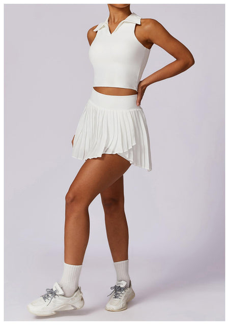 Rory Premium Activewear Set In White - side shot on model wearing collared top and pleated skirt - Miss Mosa By Akanksha