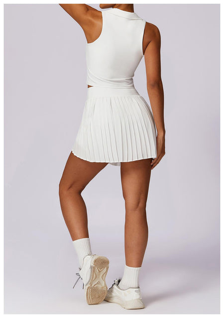 Rory Premium Activewear Set In White - back shot on model wearing collared top and pleated skirt - Miss Mosa By Akanksha