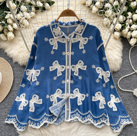 Rory Premium Embroidered Cotton Shirts In Sky Blue - flat-lay front product shot of shirt on hanger - Miss Mosa By Akanksha