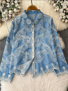 Rosa Premium Embroidered Cotton Shirts - flat-lay product shot of the embroidered shirt on hanger, blue - Miss Mosa By Akanksha