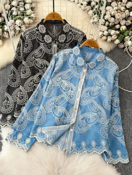 Rosa Premium Embroidered Cotton Shirts - flat-lay product shot of two embroidered shirts on hangers, black and blue - Miss Mosa By Akanksha