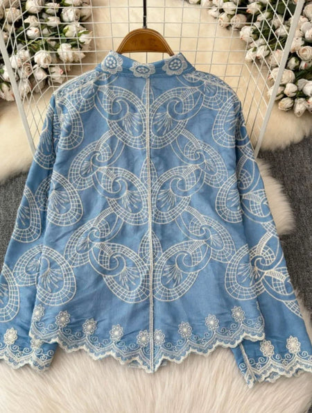 Rosa Premium Embroidered Cotton Shirts - back flat-lay product shot of the embroidered shirt on hanger, blue - Miss Mosa By Akanksha