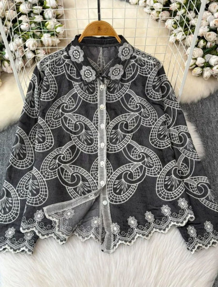Rosa Premium Embroidered Cotton Shirts - front flat-lay product shot of the embroidered shirt on hanger, black - Miss Mosa By Akanksha