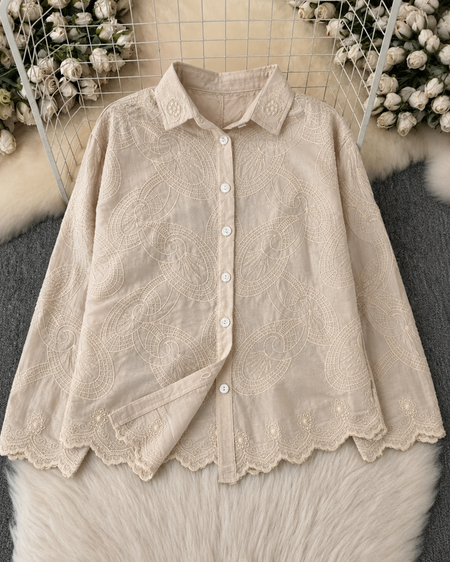 Rosa Premium Embroidered Cotton Shirts - flat-lay packshot, cream - Miss Mosa By Akanksha