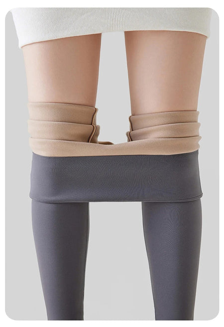 Rosa Slimming Premium Fleece Leggings - close-up of fleece-lined waistband, grey and beige - Miss Mosa By Akanksha
